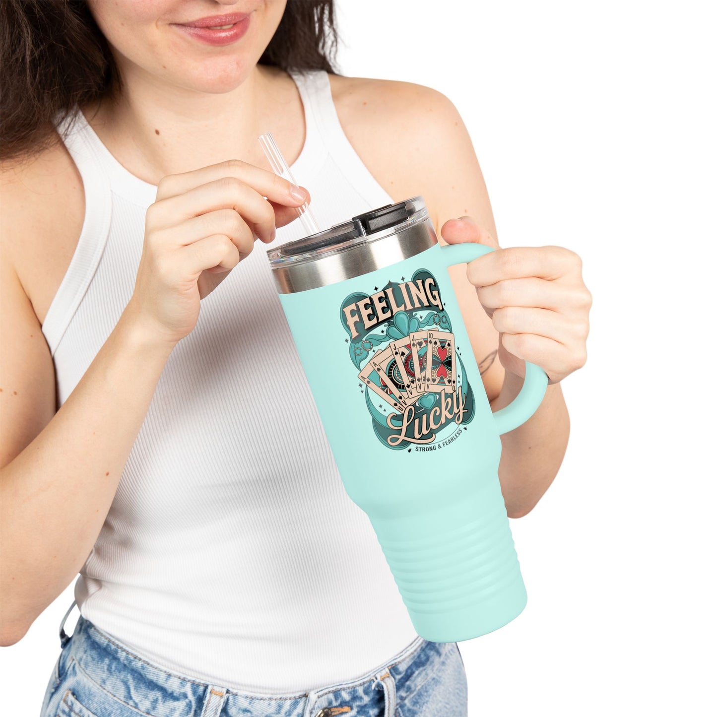 Feeling Lucky 40oz Insulated Travel Mug – Vintage Playing Card Lucky Charm Tumbler with Straw | Stainless Steel BPA-Free Cup