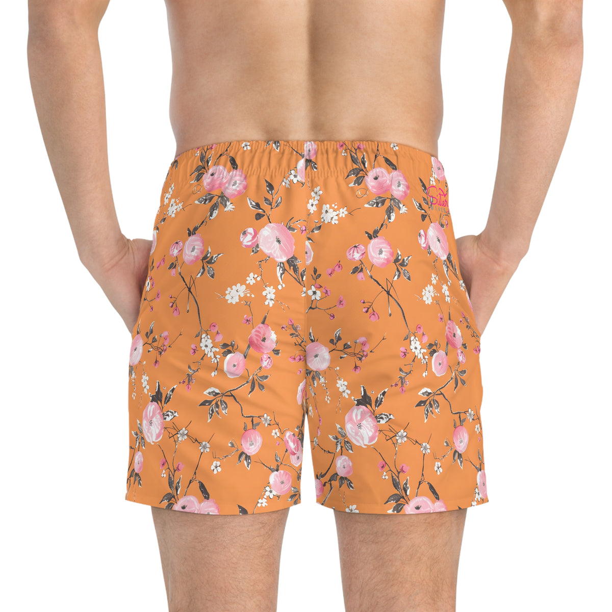 Orange Men’s Floral & Citrus Swim Trunks – Vintage Gingham Orange Blossom Swim Shorts, Retro Summer Beach Board Shorts, Fast-Dry