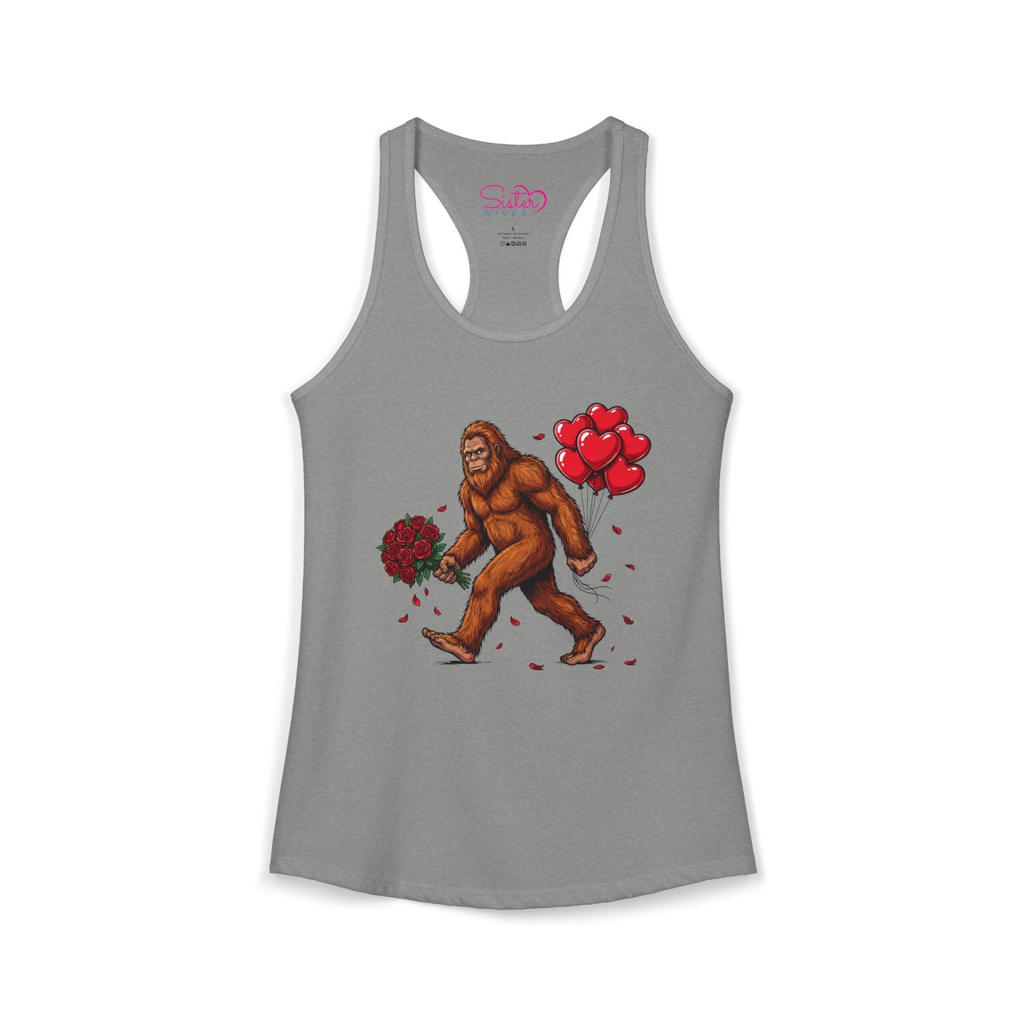 Bigfoot Valentine Racerback Tank – Sasquatch Holding Flowers Shirt | Cryptid Romance Humor | Poly & ENM Friendly Apparel