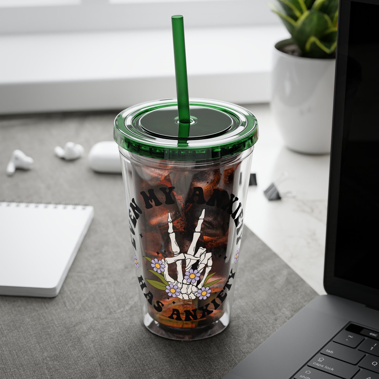 Even My Anxiety Has Anxiety” Skeleton Peace Sign 16oz Sunsplash Tumbler | Dark Humor Mental Health Cup | Goth Aesthetic Drinkware | Spooky Skeleton Cup | Anxiety Humor Gift