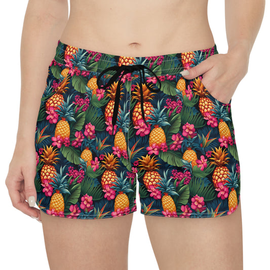 Tropical Pineapple Sisterwives Floral Women's Casual Shorts, Summer Beachwear, Vacation Shorts, Cute Lounge Shorts, Pineapple Print Shorts