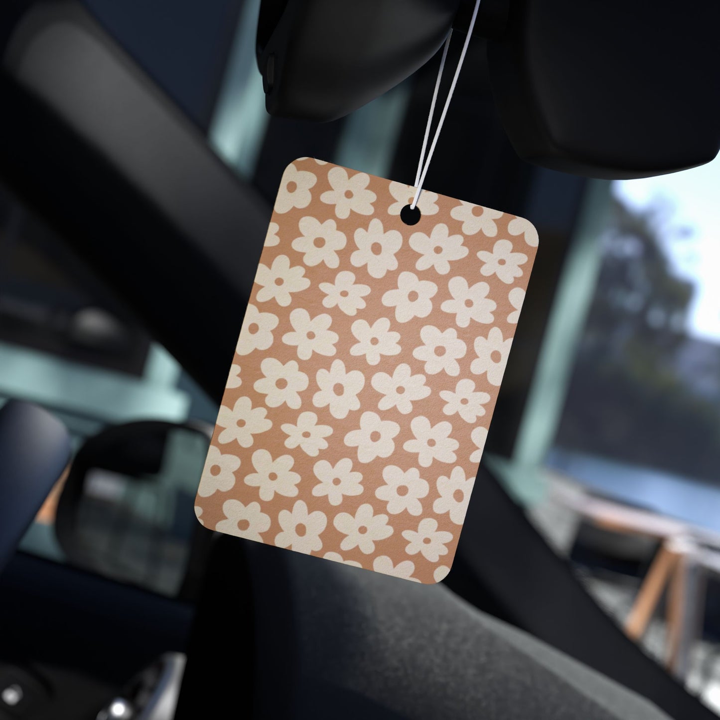 Brown Retro Floral Car Air Freshener – Cute Daisy Aesthetic Hanging Diffuser | Pine, New Car & Black Ice Scents