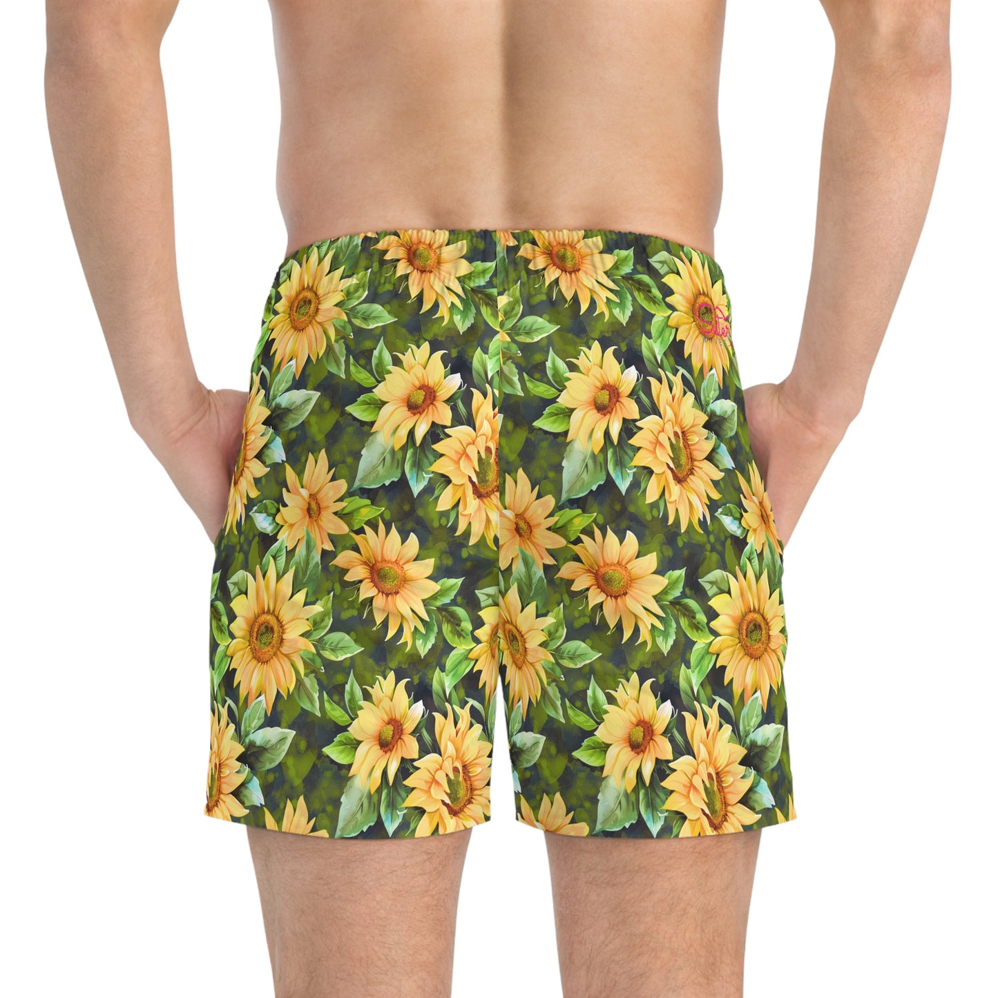 Men’s Sunflower & Daisy Swim Trunks – Bright Floral Summer Swim Shorts, ENM Polyamory Friendly Beach Board Shorts, Fast-Dry