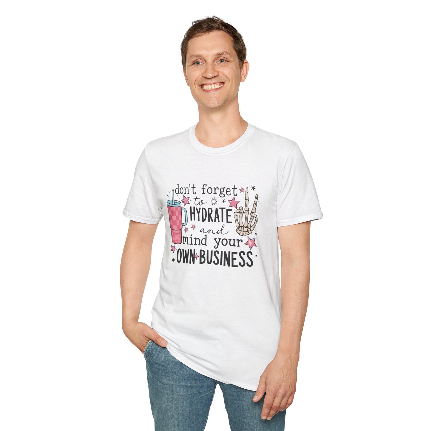 Hydrate and Mind Your Own Business Shirt Funny Self Care Tee, Sassy Wellness Graphic Shirt, Poly-Friendly ENM Unisex Gildan 64000
