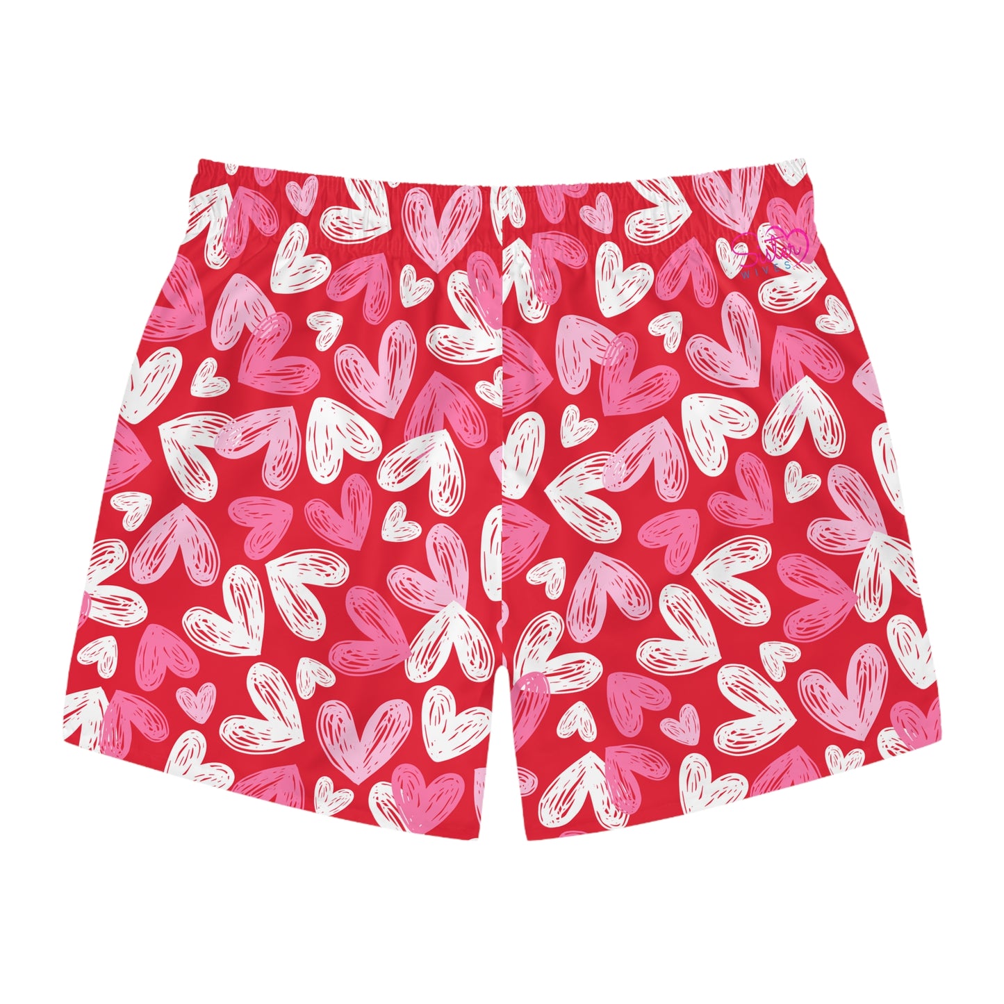 Red Men’s Valentine’s Heart Swim Trunks – Red Heart Print Board Shorts, Polyamory & ENM Friendly Swimwear, Fast-Dry Summer Shorts
