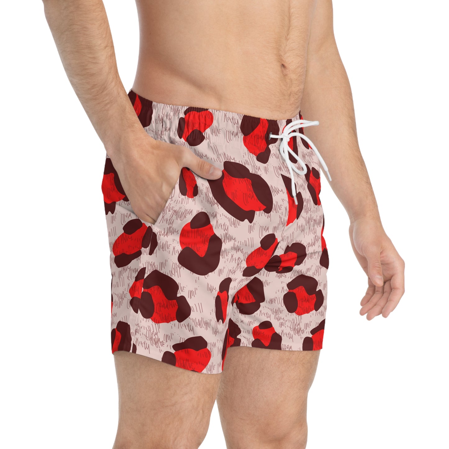 Men’s Valentine’s Leopard Heart Swim Trunks – Red Animal Print Board Shorts, Polyamory & ENM Friendly Swimwear, Fast-Dry Summer Shorts
