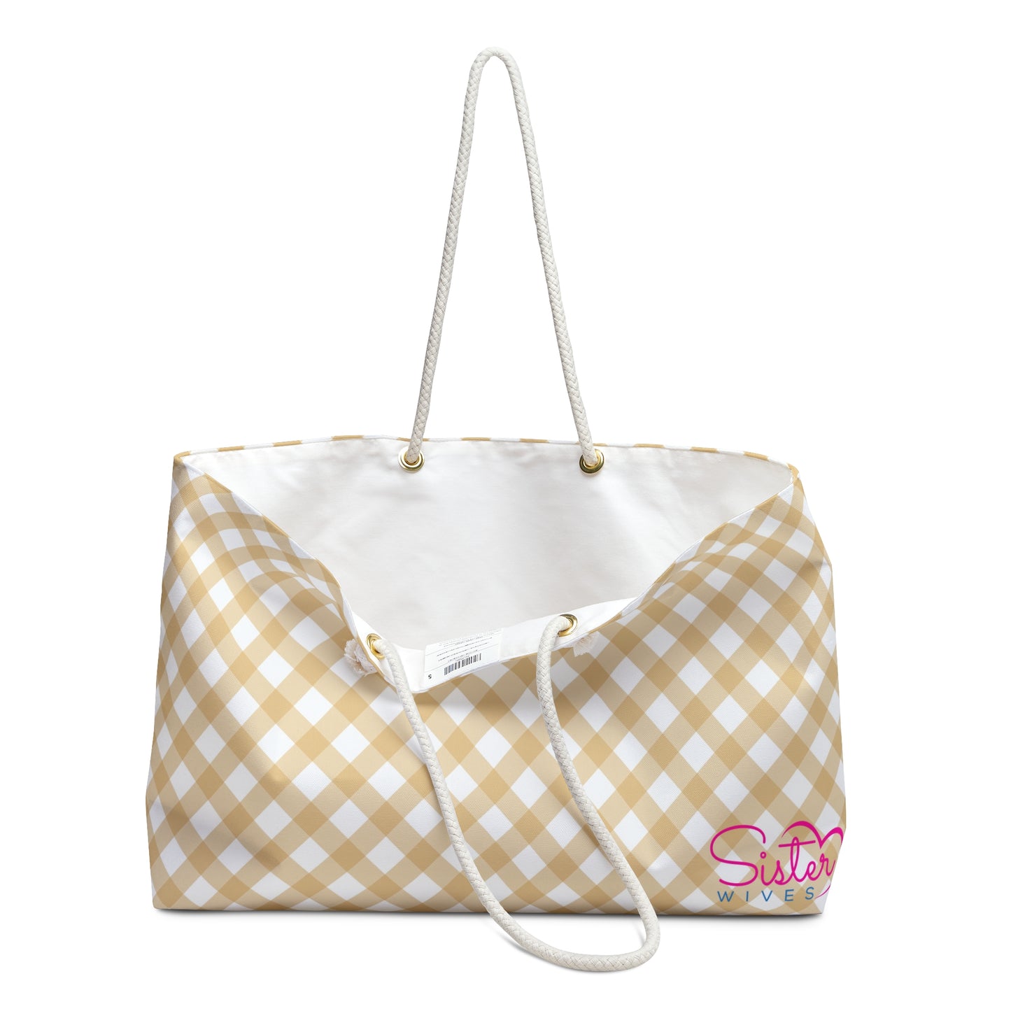 Beige Gingham Weekender Tote Bag | Neutral Aesthetic Travel Bag | Sisterwives Polyamory Overnight Tote | Ethical Non-Monogamy Gift