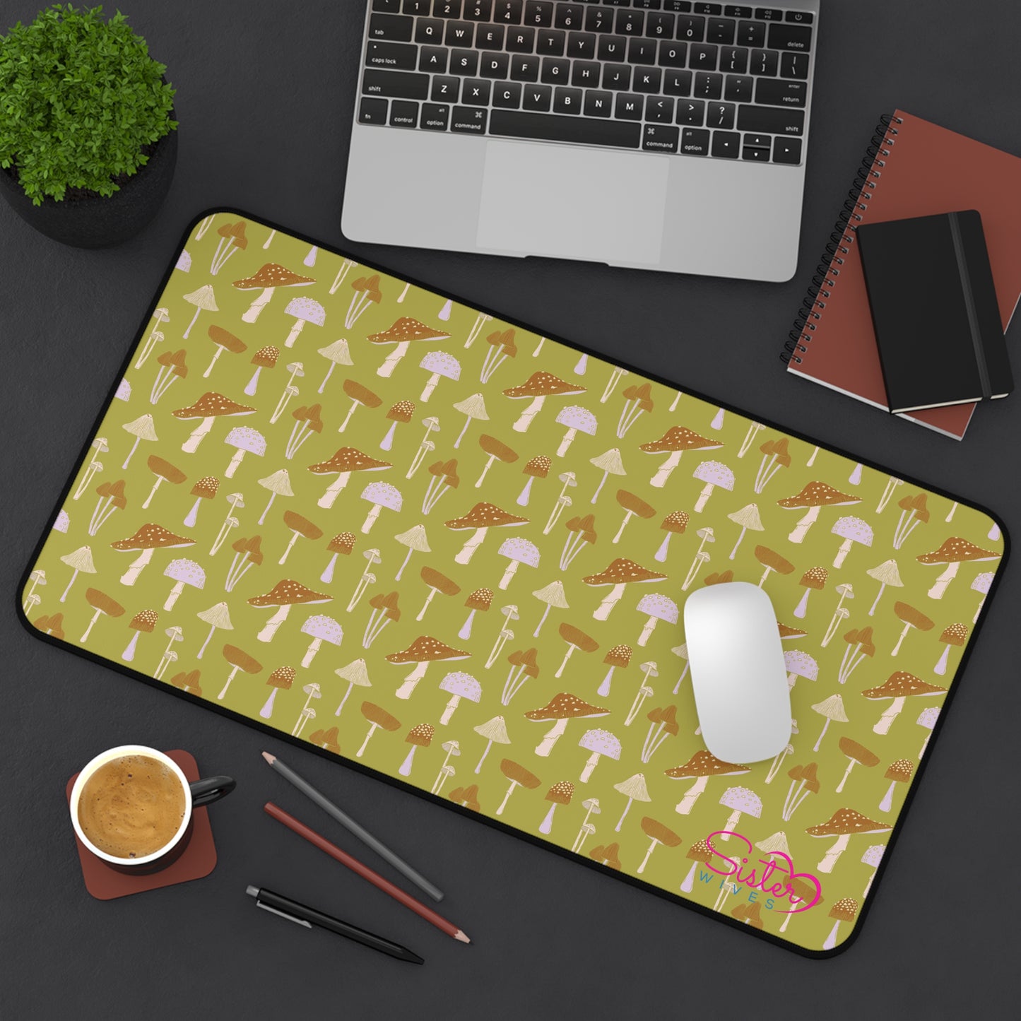 Sage Mushroom Desk Mat – Aesthetic Office Mouse Pad, Neoprene Extended Desk Mat, Polyamory Friendly Workspace Decor, Love-Positive Home Office Accessory