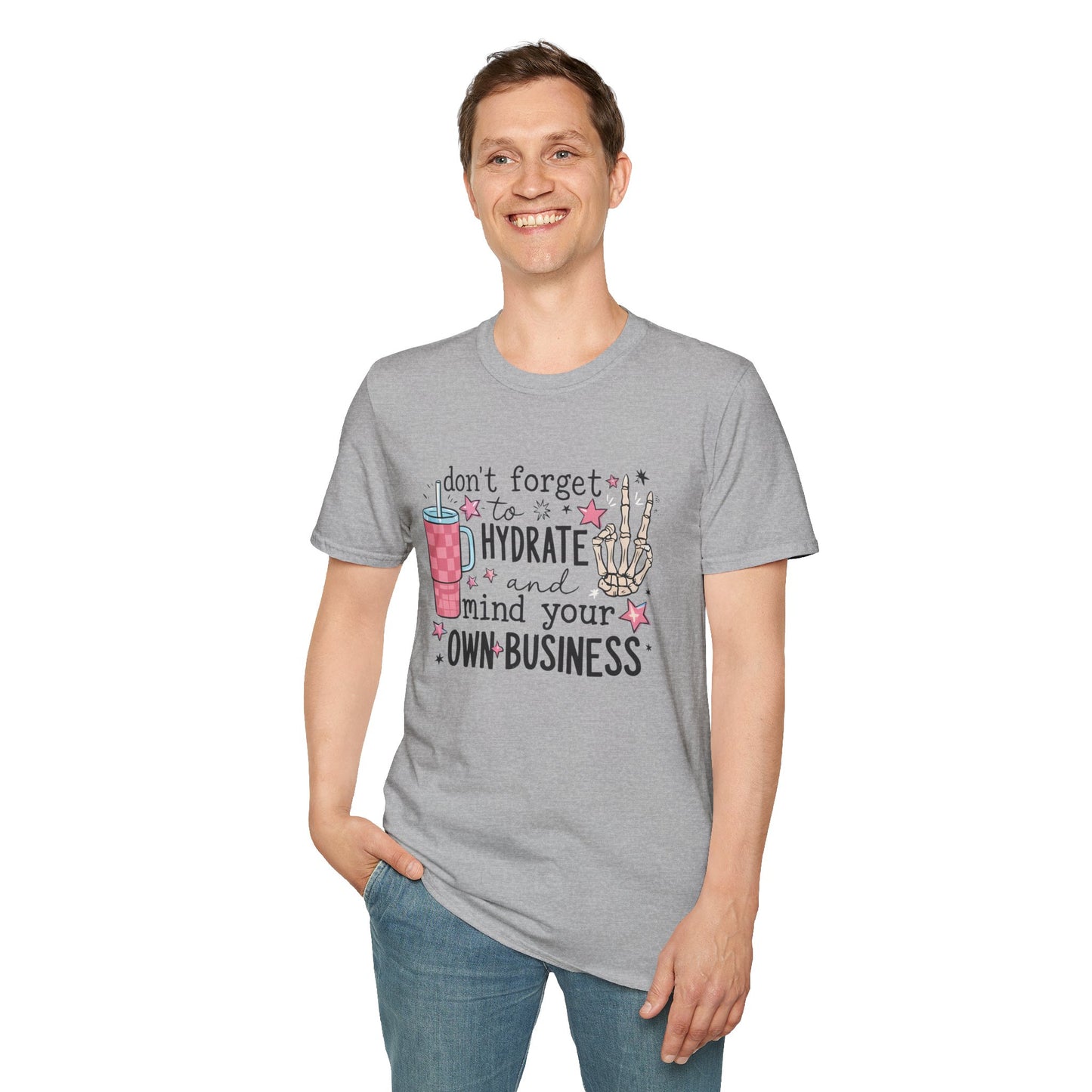 Hydrate and Mind Your Own Business Shirt Funny Self Care Tee, Sassy Wellness Graphic Shirt, Poly-Friendly ENM Unisex Gildan 64000