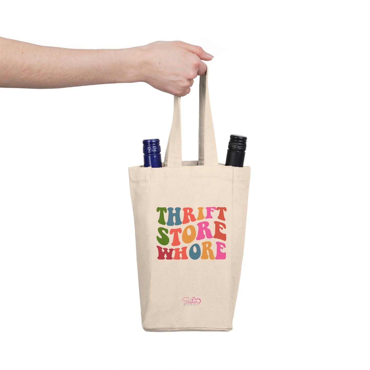 Thrift Store Whore Double Wine Tote Bag – Funny Retro ENM Wine Carrier | Polyamory Date Night Wine Tote | 2 Bottle Canvas Wine Bag