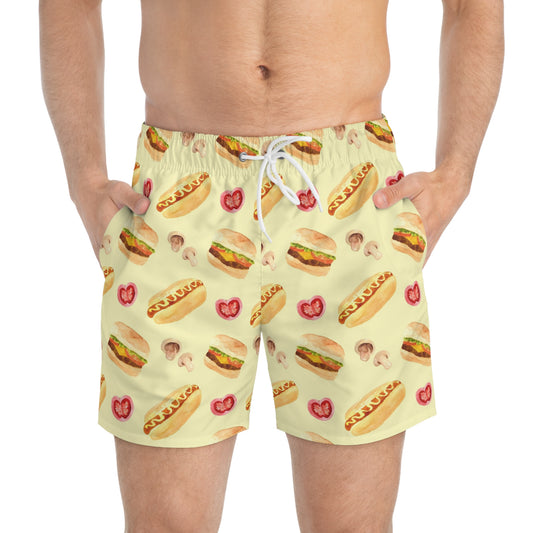Men’s BBQ Swim Trunks – Grill & Cookout Boardshorts | Funny Food Print Swimwear | Fast-Dry Summer Swim Shorts