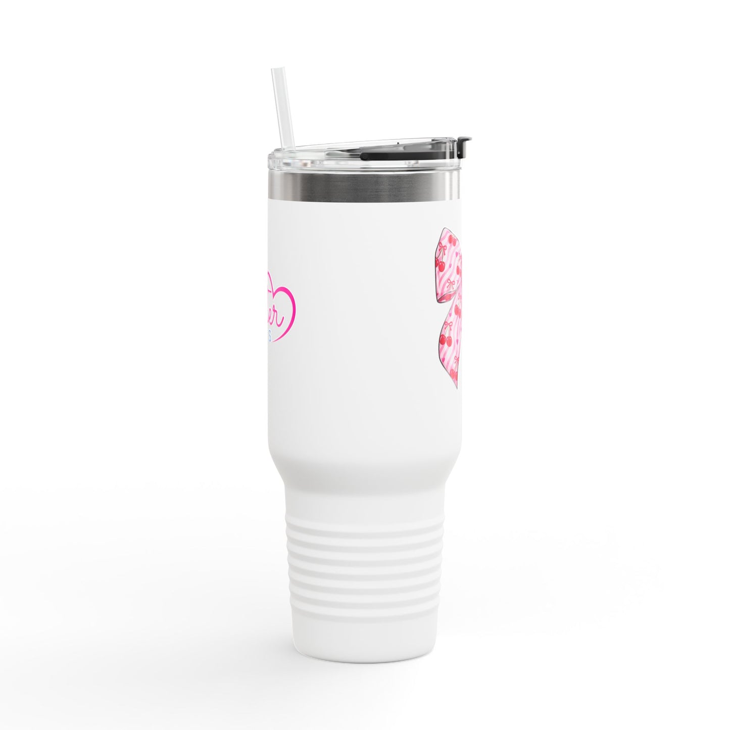 Pink Bow 40oz Insulated Travel Mug – Coquette Aesthetic Stainless Steel Tumbler with Straw | Cute Feminine BPA-Free Cup