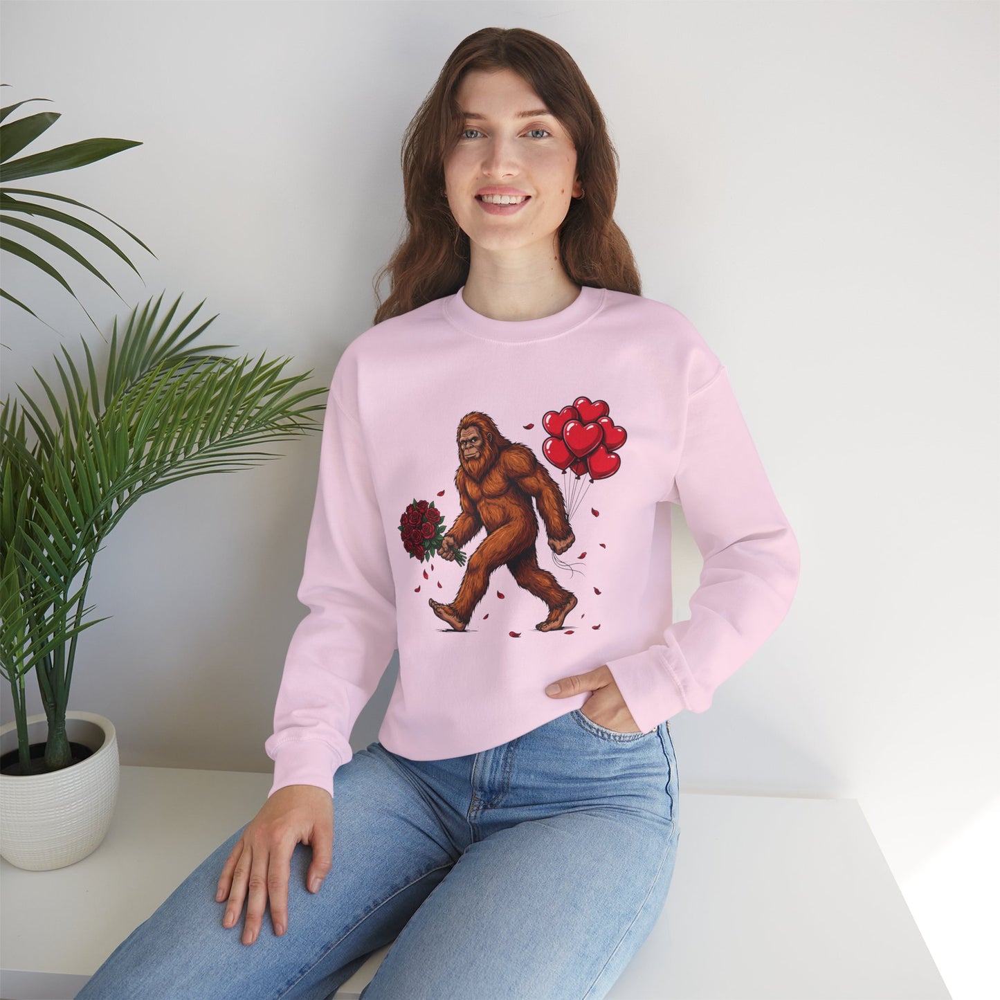 Bigfoot with Flowers Crewneck Sweatshirt | Sasquatch Valentine Pullover | Whimsical Cryptid Love Sweatshirt | Cozy Forest Aesthetic Apparel