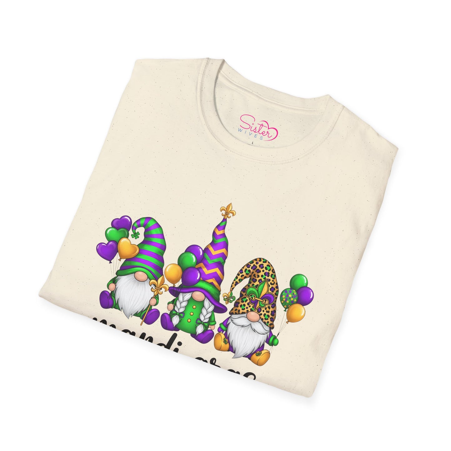 Mardi Gras Throuple Gnome T-Shirt | Polyamory ENM Pride Tee | Festive Gnome Graphic Shirt | Chosen Family Swinger Lifestyle Apparel
