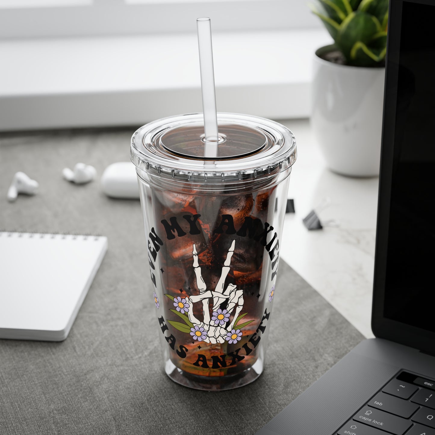 Even My Anxiety Has Anxiety” Skeleton Peace Sign 16oz Sunsplash Tumbler | Dark Humor Mental Health Cup | Goth Aesthetic Drinkware | Spooky Skeleton Cup | Anxiety Humor Gift