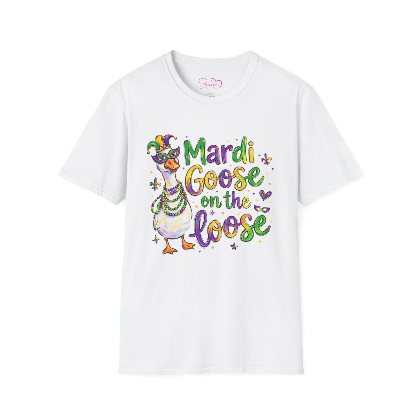 Mardi Goose on the Loose Shirt – Funny Mardi Gras Goose T-Shirt, Polyamory ENM Non-Monogamy Carnival Tee, Unisex Gildan 64000