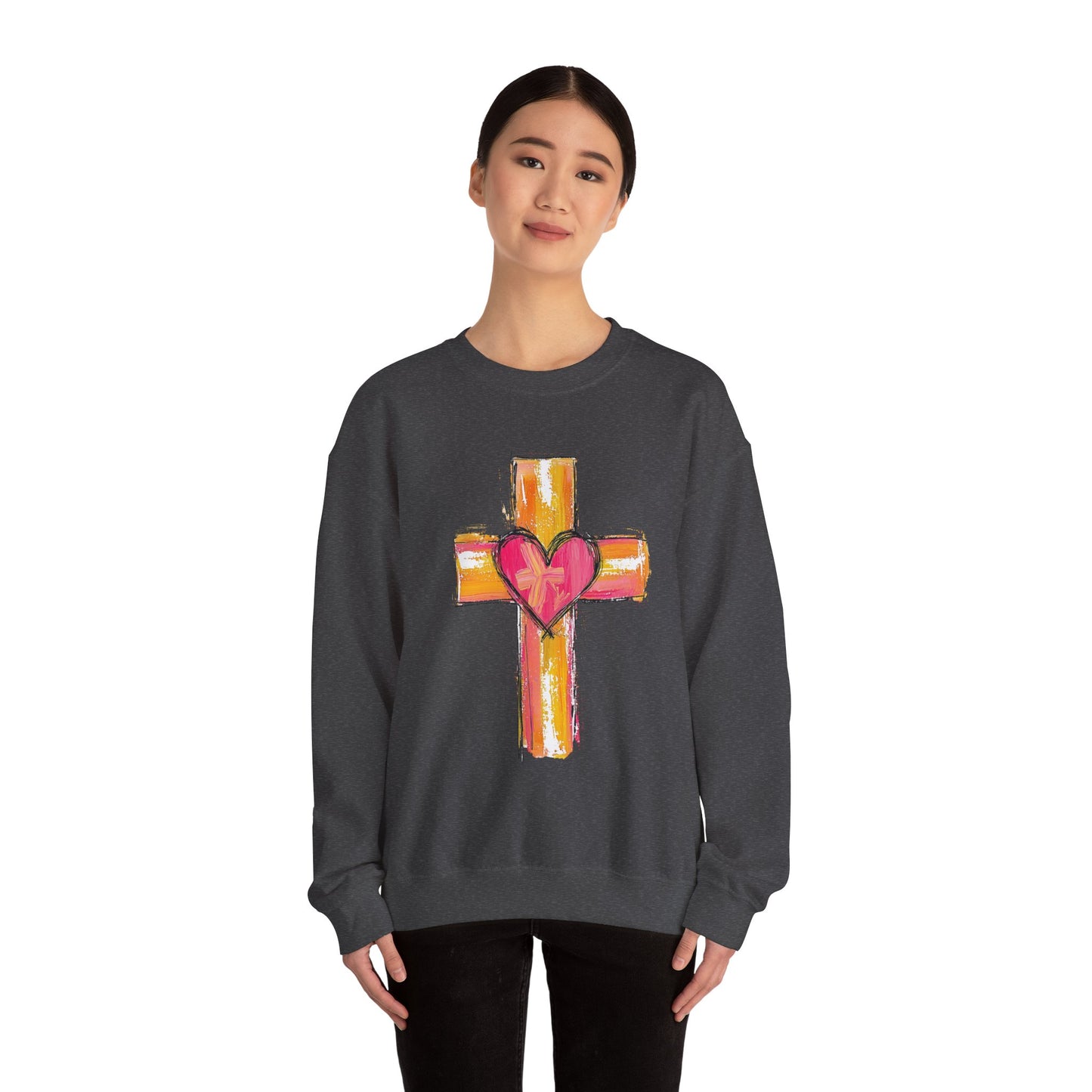 Cross with Heart Crewneck Sweatshirt | Love-Centered Faith Pullover | Inclusive Christian Apparel | Cozy Spiritual Sweatshirt
