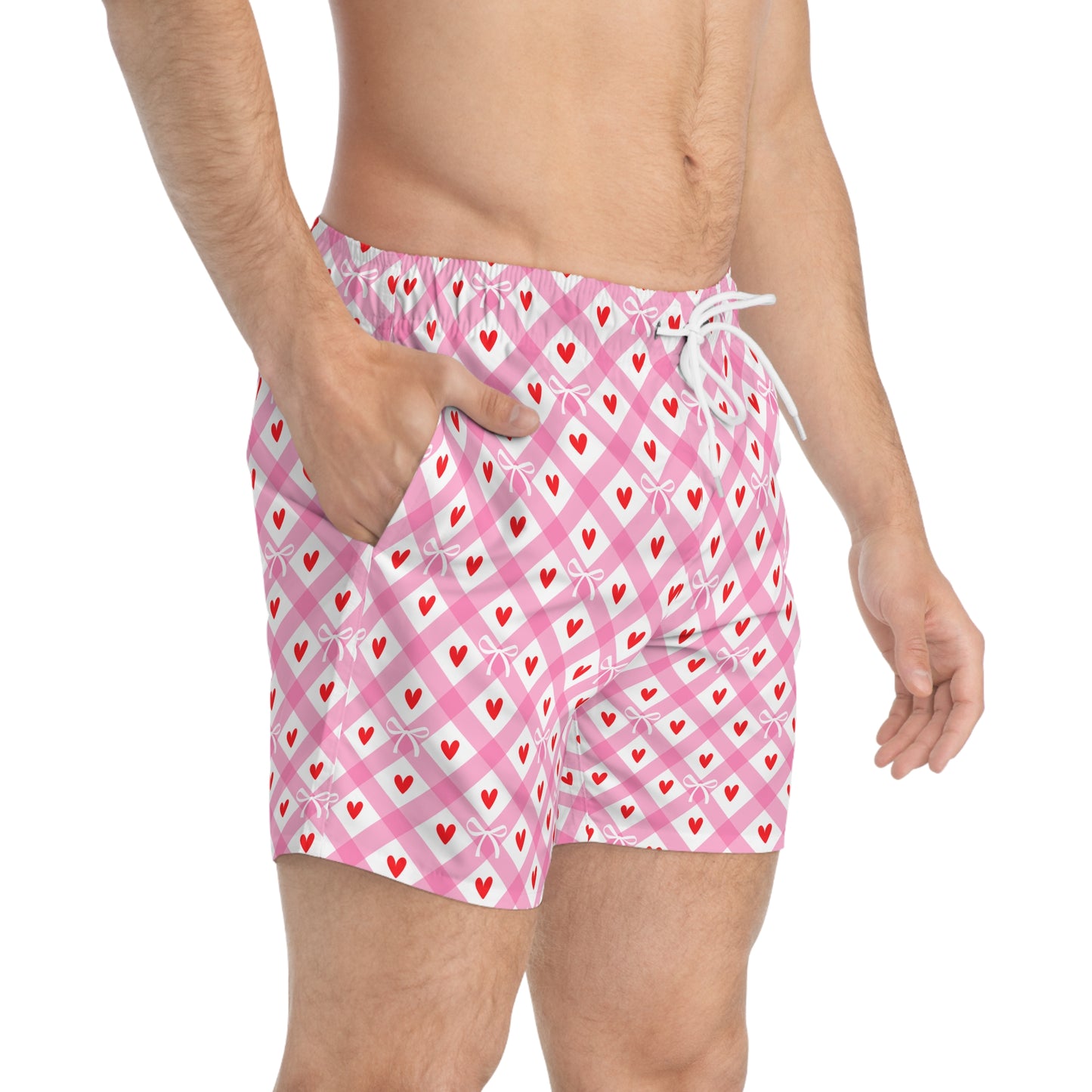 Men’s Valentine’s Geometric Heart Swim Trunks – Pink Heart Pattern Board Shorts, Polyamory & ENM Friendly Swimwear, Fast-Dry Summer Shorts