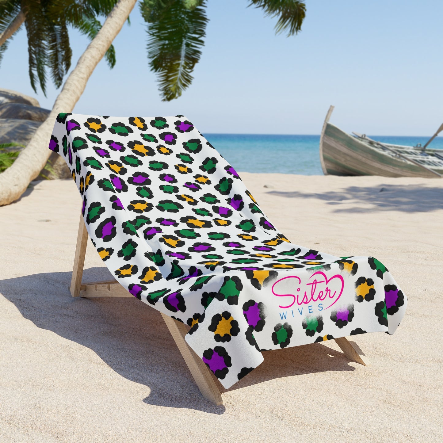 Mardi Gras Cheetah Print Beach Towel | Polyamory ENM Friendly | Matching Couple & Throuple Towel | Festival Cruise Pool & Resort Towel