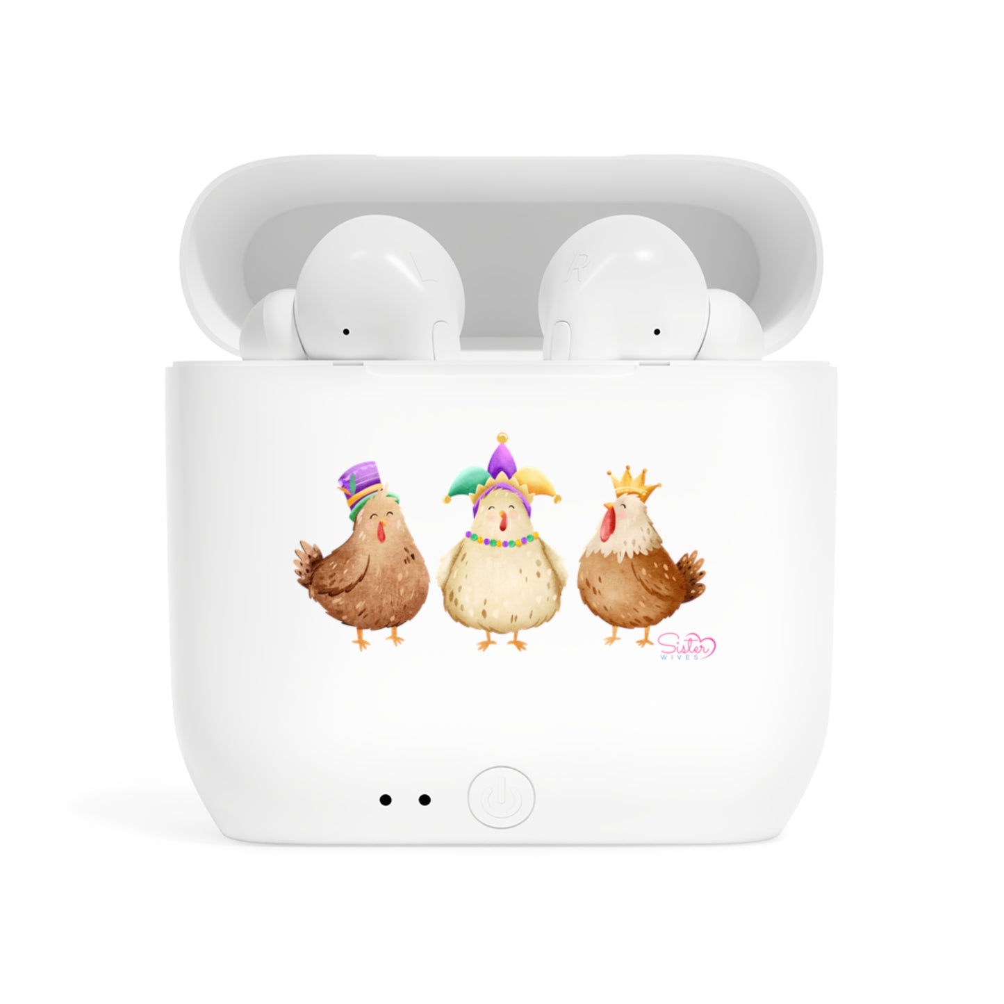 Throuple Mardi Gras Chicken Wireless Earbuds – Polyamory ENM Pride | Sisterwives Farm Humor Earbuds