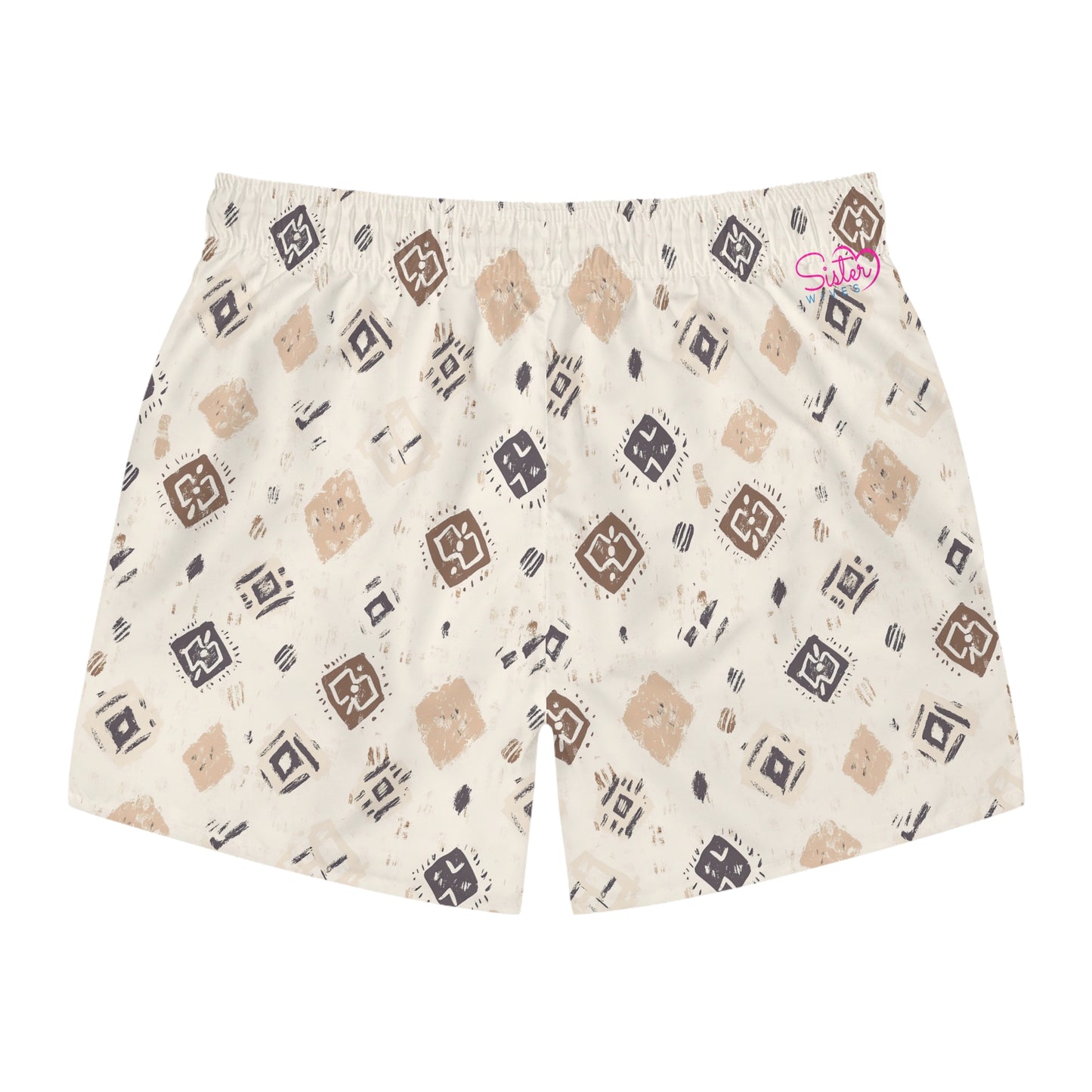 Men’s Boho Abstract Swim Trunks – Neutral Earth Tone Boardshorts | Modern Minimalist Swimwear | Fast-Dry Men’s Swim Shorts
