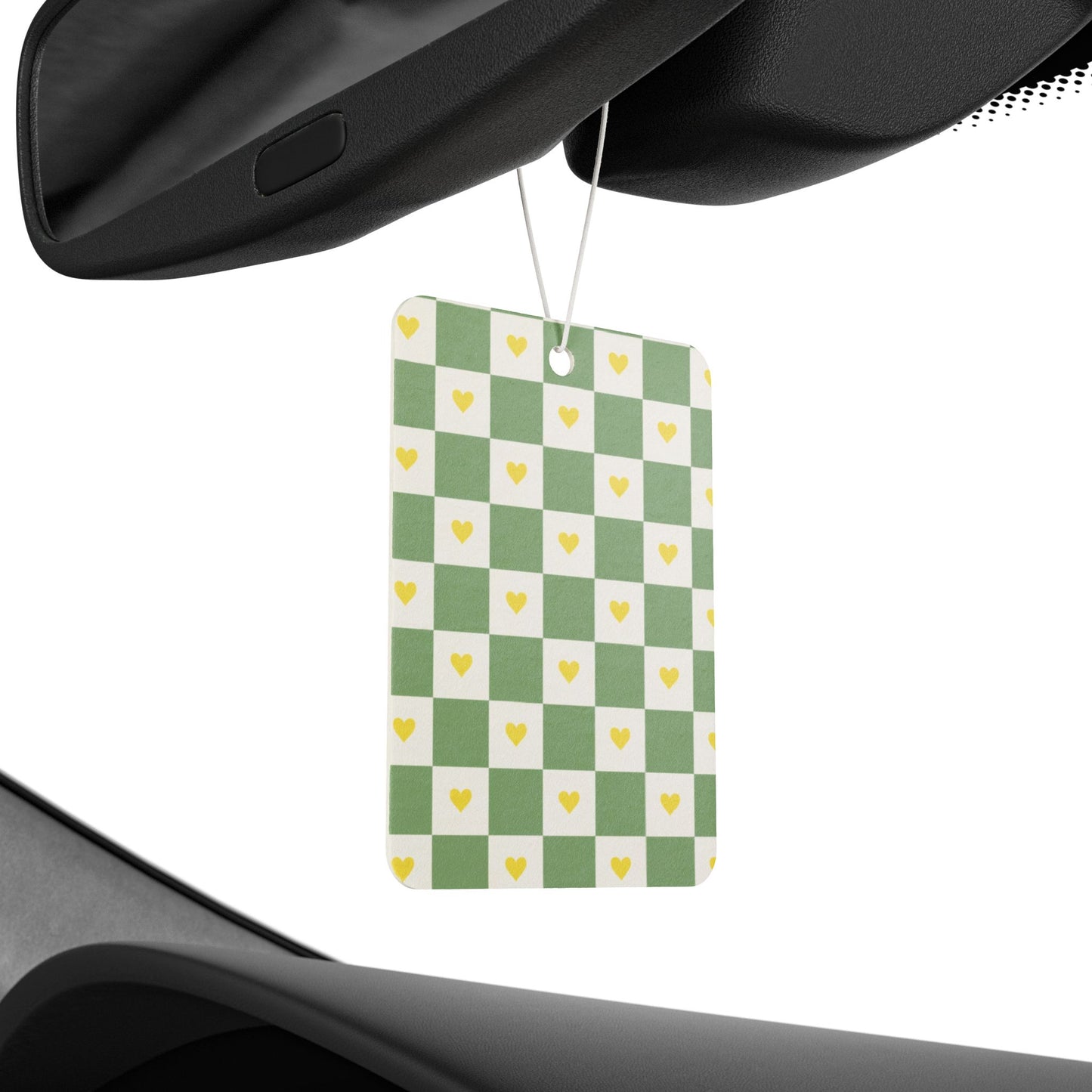 Green Checkered Heart Car Air Freshener – Cute Sage Aesthetic Hanging Diffuser | Pine, New Car & Black Ice Scents