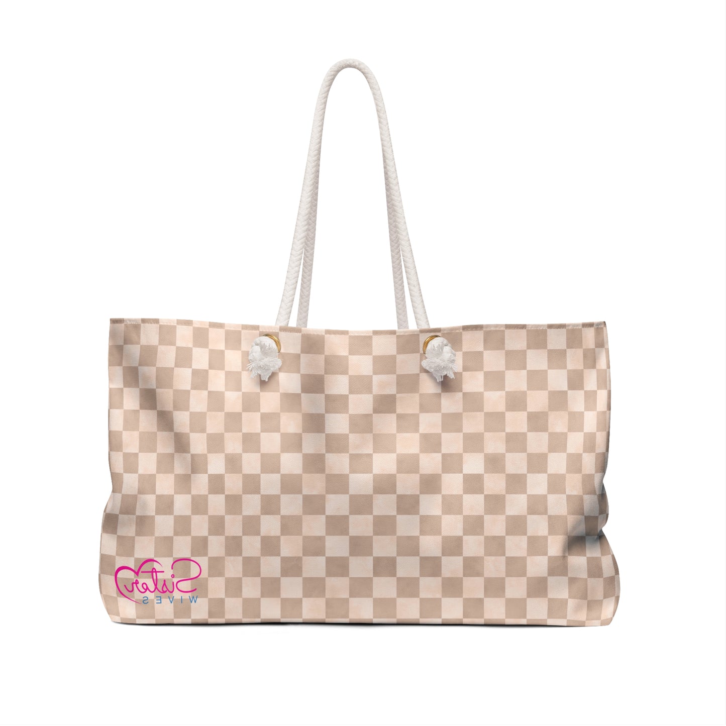 Neutral Checker Weekender Bag | Minimalist Travel Tote | ENM & Polyamory Friendly Overnight Bag | Chosen Family Aesthetic Carryall