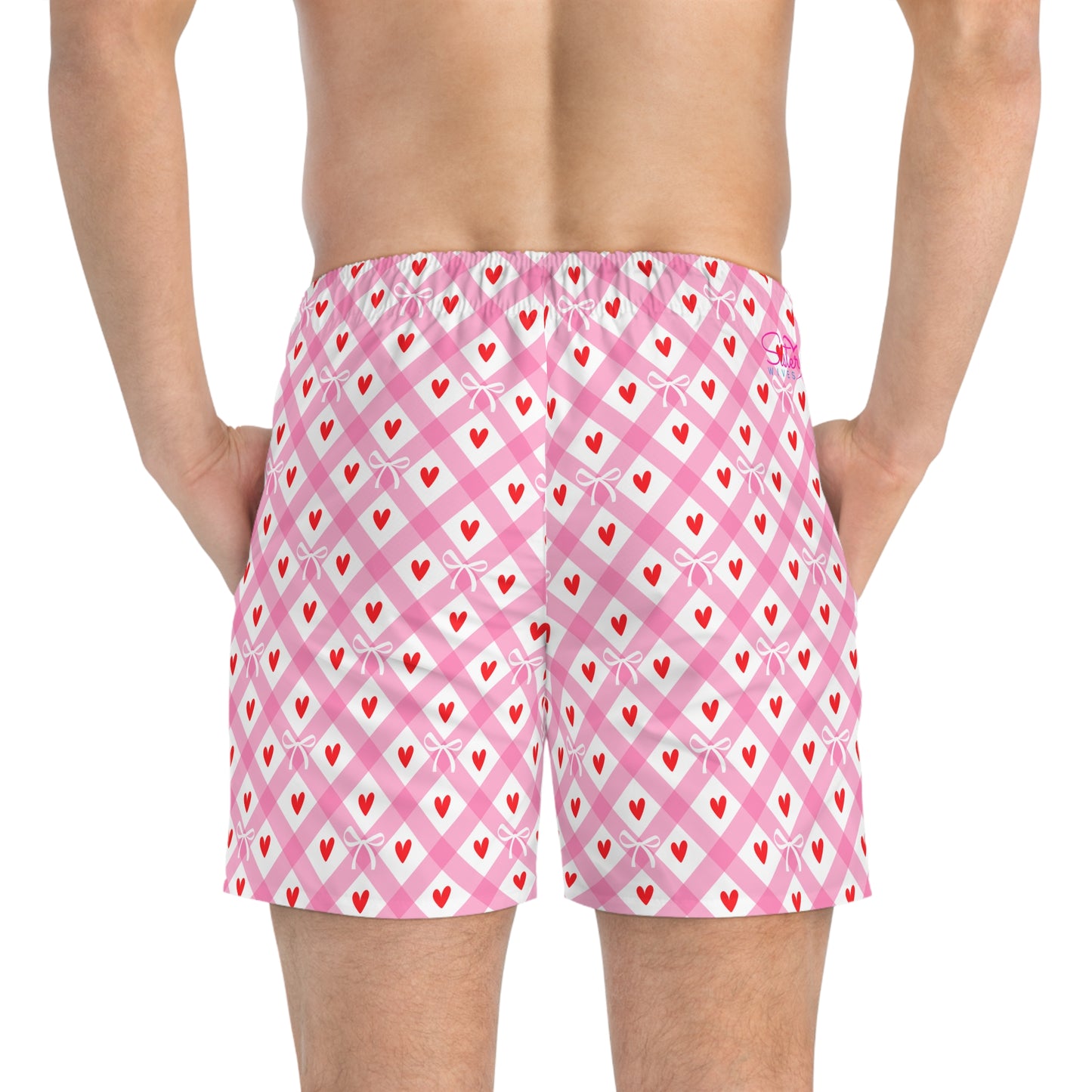 Men’s Valentine’s Geometric Heart Swim Trunks – Pink Heart Pattern Board Shorts, Polyamory & ENM Friendly Swimwear, Fast-Dry Summer Shorts