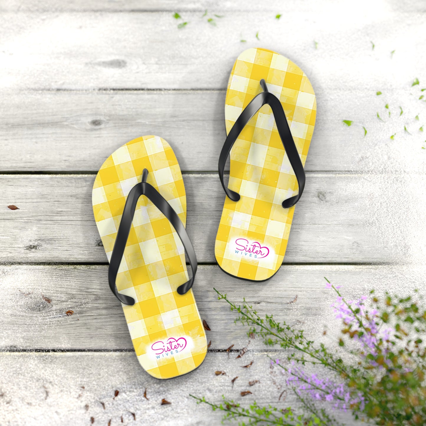 Cute Yellow Gingham Flip Flops for Women | Ethical Non Monogamy Lifestyle Summer Sandals