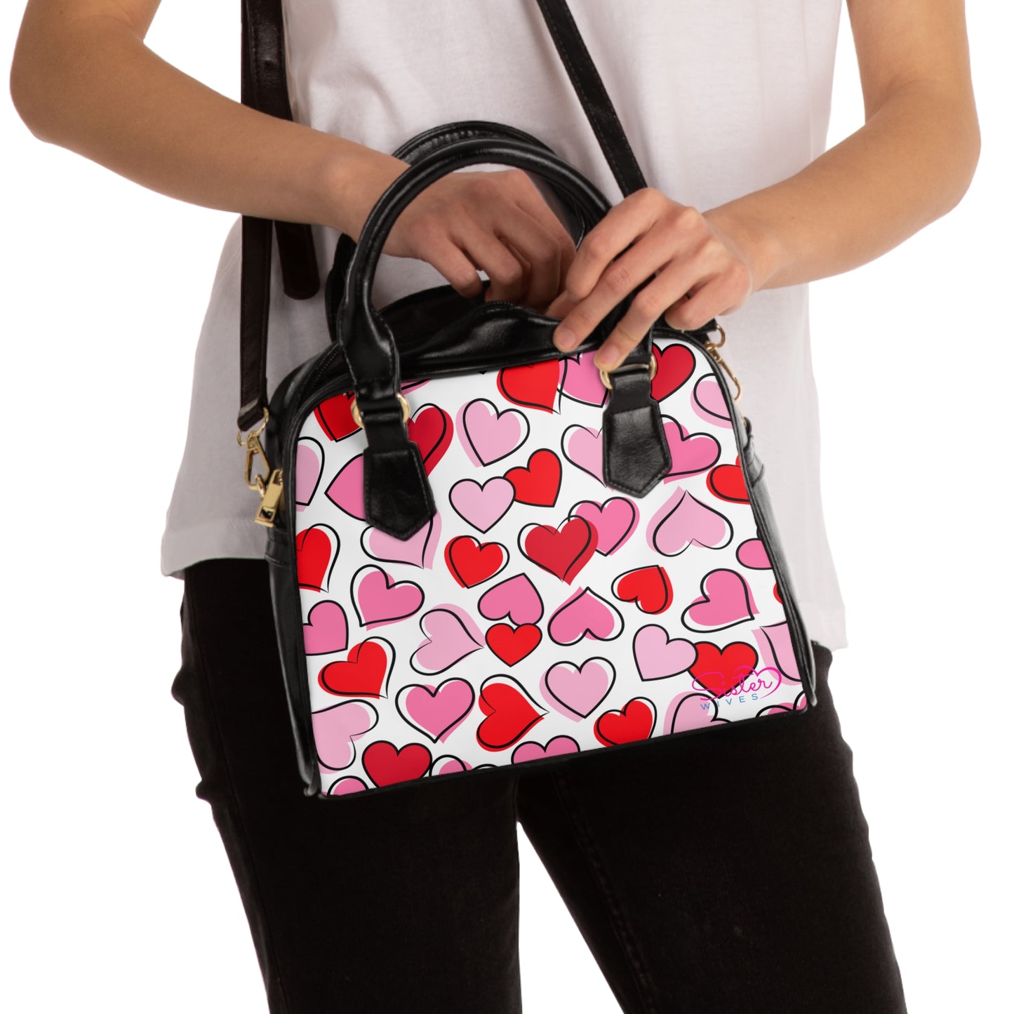 White Valentine’s Heart Print Shoulder Handbag – Love-Themed PU Leather Purse, Polyamory & ENM Friendly Gift, Swinger Lifestyle Fashion Bag