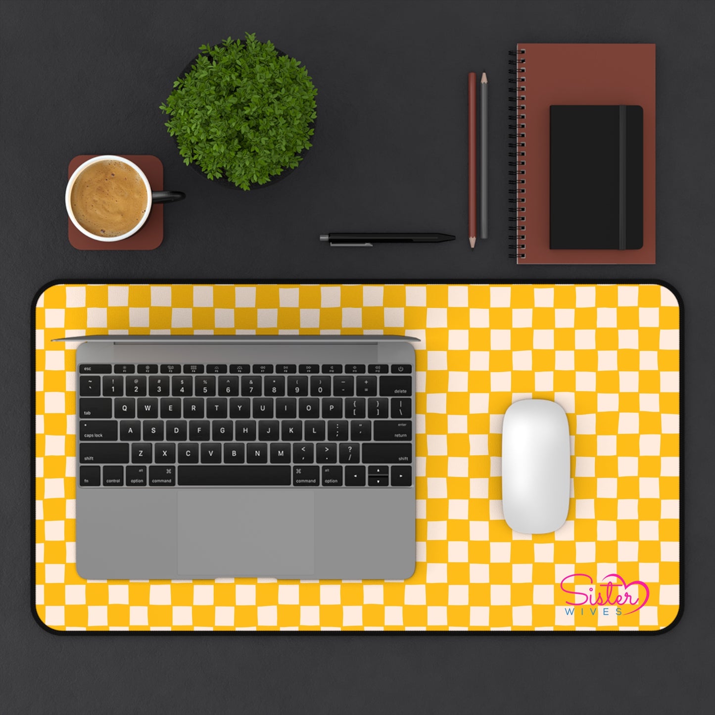 Yellow Checkered Desk Mat – Retro Checkerboard Mouse Pad, Neoprene Extended Desk Mat, Polyamory Friendly Office Decor, Love-Positive Workspace Accessory