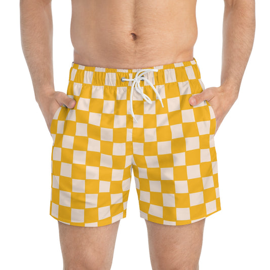 Yellow Checkered Swim Trunks for Men – Retro Fast-Dry Board Shorts with Drawstring | XS–3XL Summer Swimwear