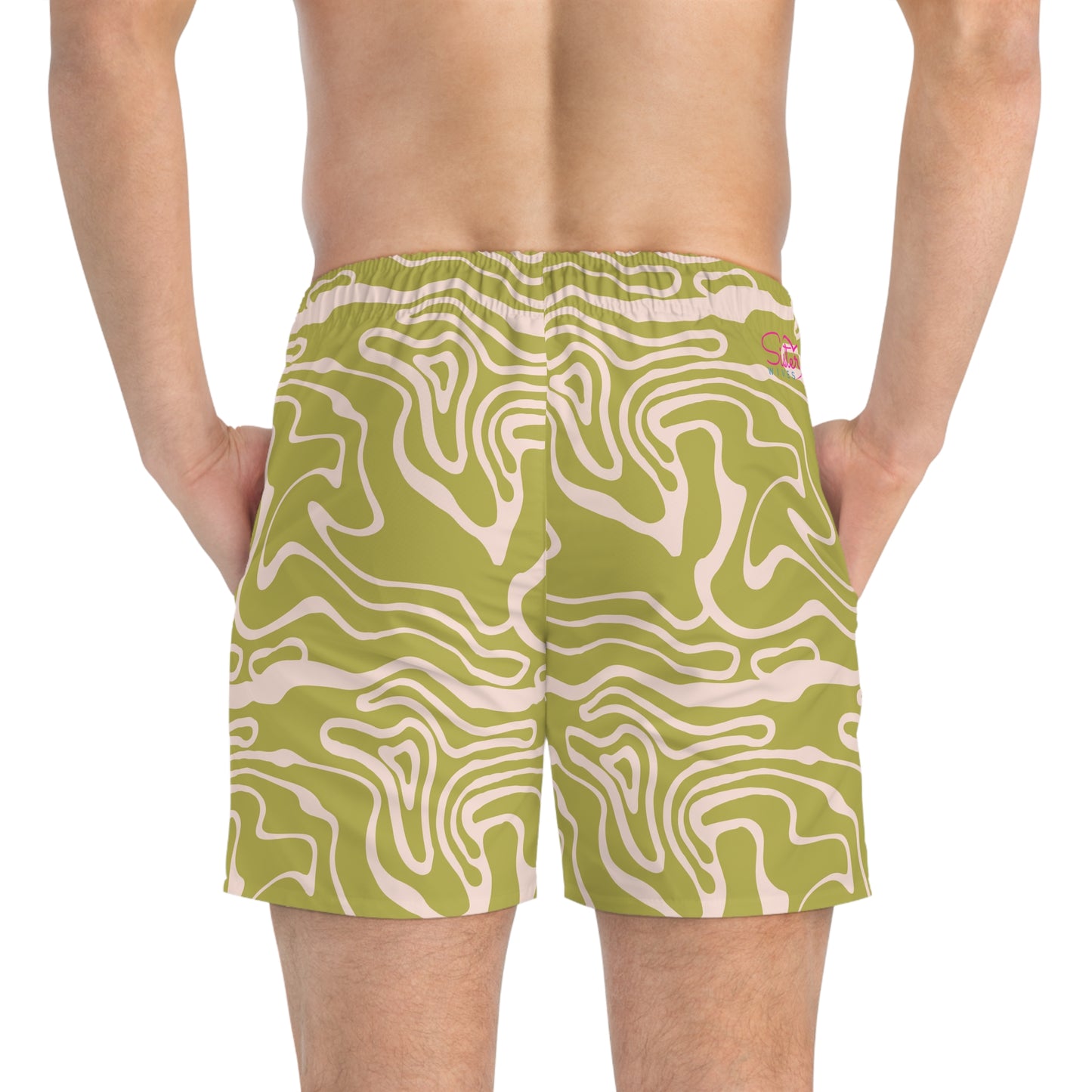 Olive Green Abstract Swim Trunks for Men – Modern Fast-Dry Board Shorts with Drawstring | XS–3XL Summer Swimwear