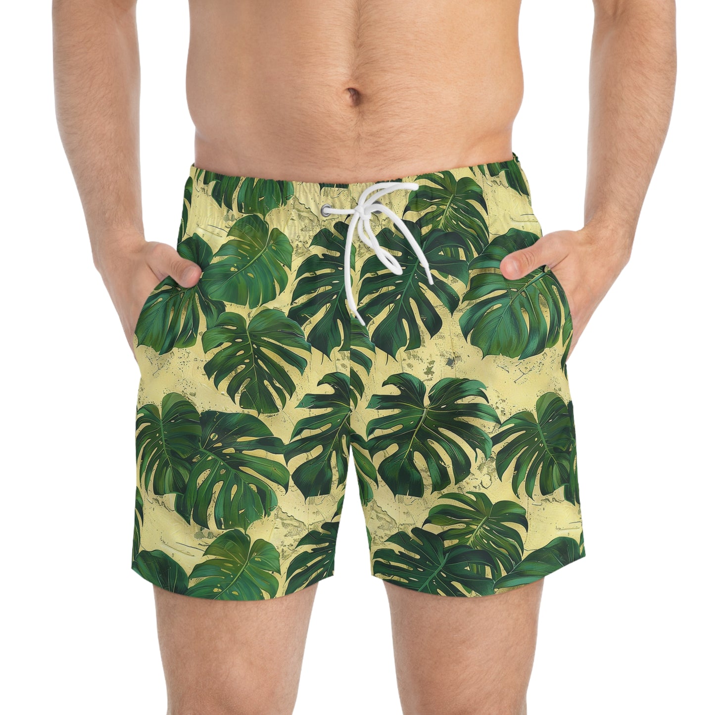 Green Tropical Leaf Swim Trunks for Men – Jungle Fast-Dry Board Shorts with Drawstring | XS–3XL Summer Swimwear