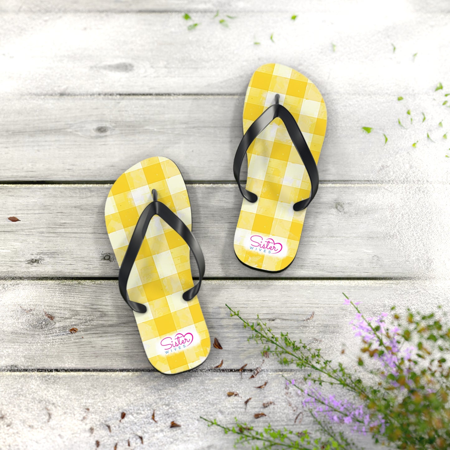 Cute Yellow Gingham Flip Flops for Women | Ethical Non Monogamy Lifestyle Summer Sandals