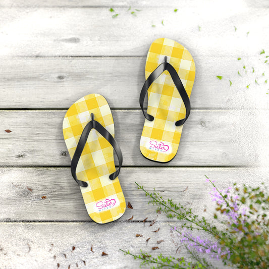 Cute Yellow Gingham Flip Flops for Women | Ethical Non Monogamy Lifestyle Summer Sandals