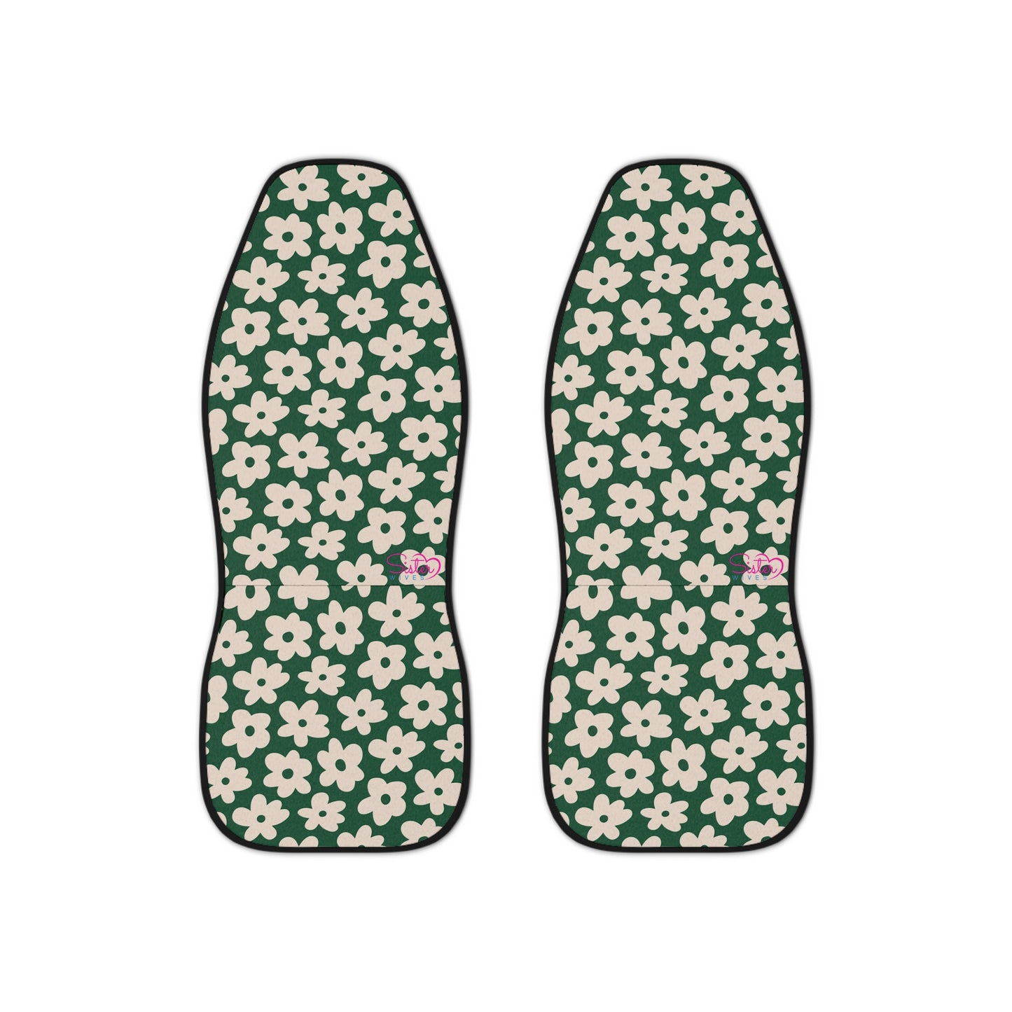 Green Floral Car Seat Covers | Retro Daisy Auto Decor | 70s Flower Power Seat Covers | Polyamory & ENM Friendly