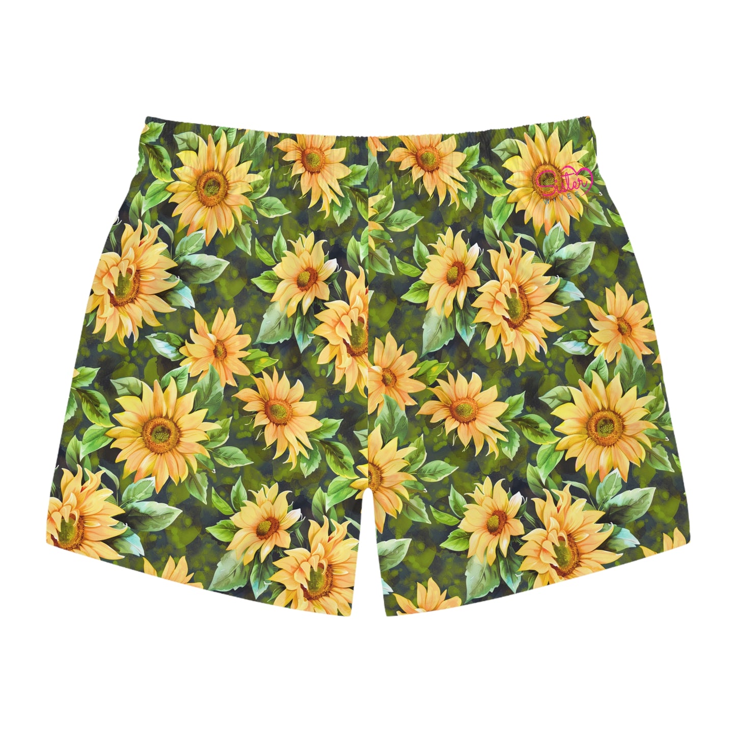 Men’s Sunflower & Daisy Swim Trunks – Bright Floral Summer Swim Shorts, ENM Polyamory Friendly Beach Board Shorts, Fast-Dry