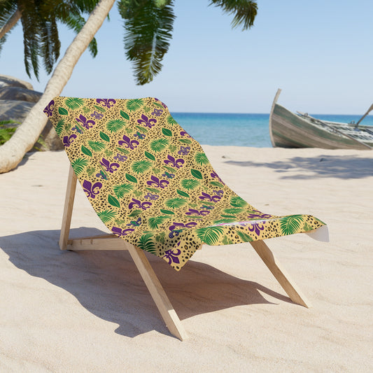 Mardi Gras Cheetah Print Beach Towel | Polyamory ENM Friendly | Matching Couple & Throuple Towel | Festival Cruise Pool & Resort Towel
