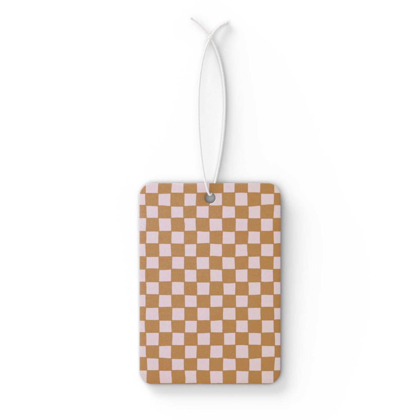 Neutral Checkered Car Air Freshener – Beige Aesthetic Hanging Diffuser | Pine, New Car & Black Ice Scents