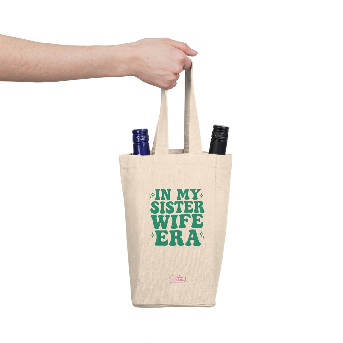 Double Wine Tote Green "In My Sister Wife Era" Canvas Bottle Carrier, Bridal Shower & Sisterhood Gift
