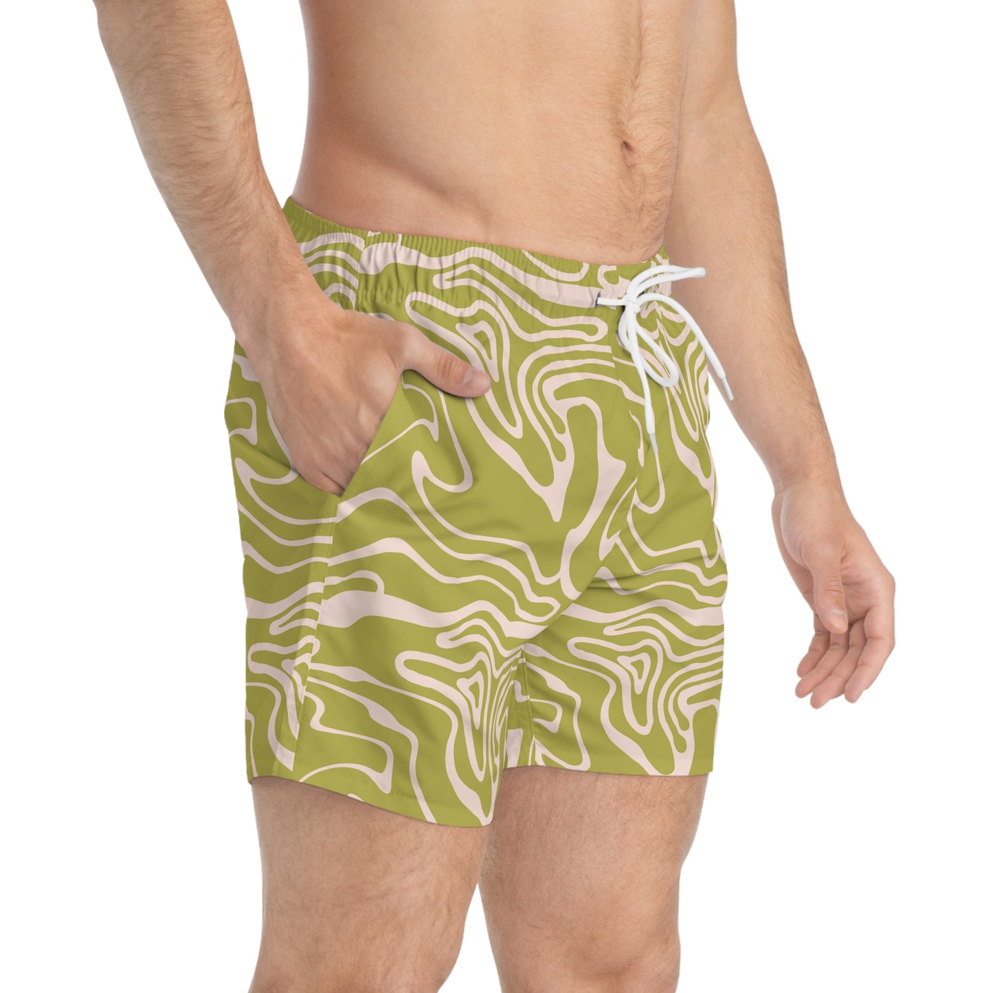 Olive Green Abstract Swim Trunks for Men – Modern Fast-Dry Board Shorts with Drawstring | XS–3XL Summer Swimwear