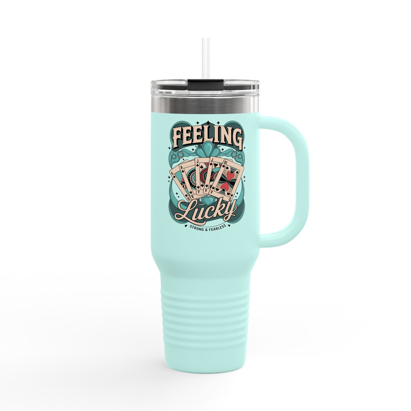Feeling Lucky 40oz Insulated Travel Mug – Vintage Playing Card Lucky Charm Tumbler with Straw | Stainless Steel BPA-Free Cup