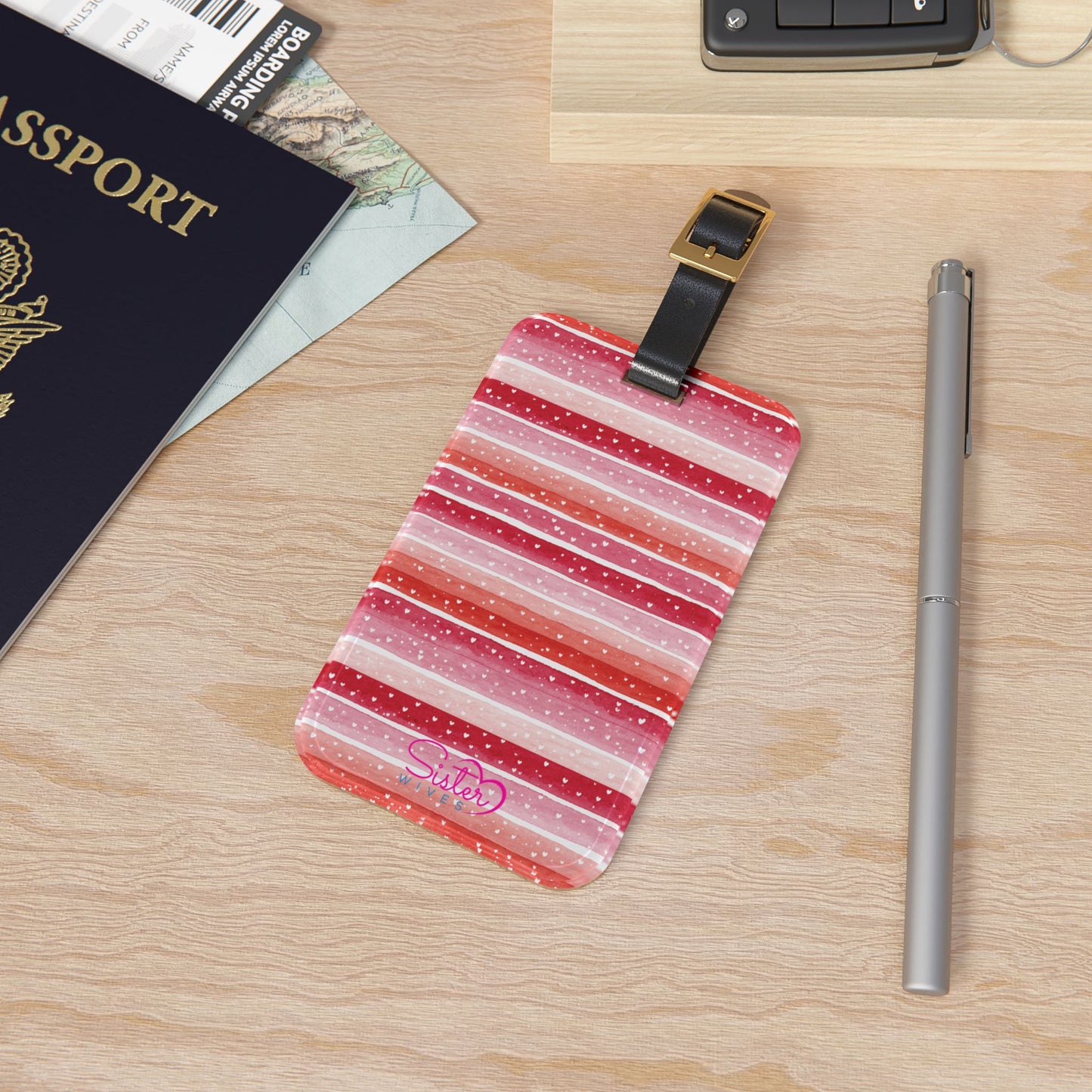 Pink Striped Luggage Tag – Polyamory ENM Pride Travel Accessory, Acrylic Suitcase Tag with Adjustable Strap
