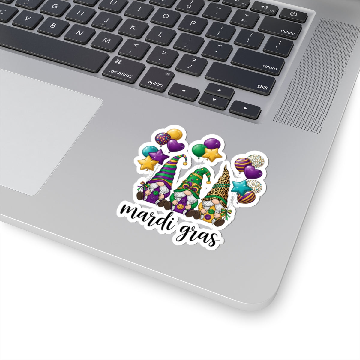 Mardi Gras Throuple Gnomes Kiss-Cut Sticker | Polyamory ENM Pride Vinyl Decal | Chosen Family Gnome Sticker | Mardi Gras Laptop Sticker
