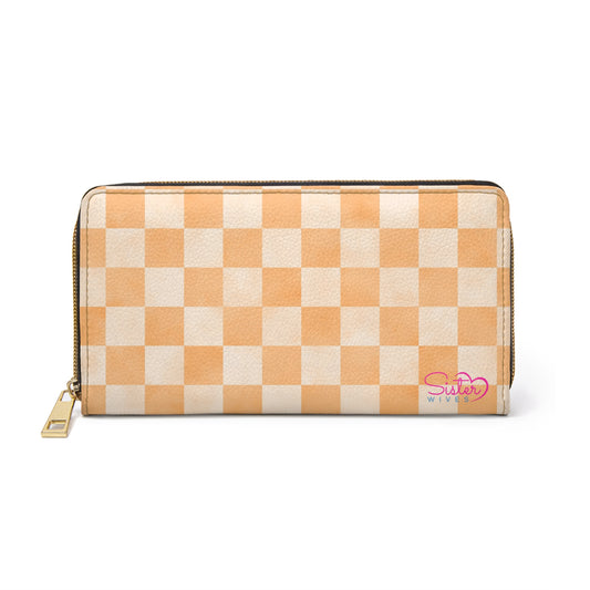 Checkered Orange Zipper Wallet | Polyamory Friendly Accessory | ENM Lifestyle Wallet | Inclusive Chosen Family Gift | Colorful Retro Checker Wallet