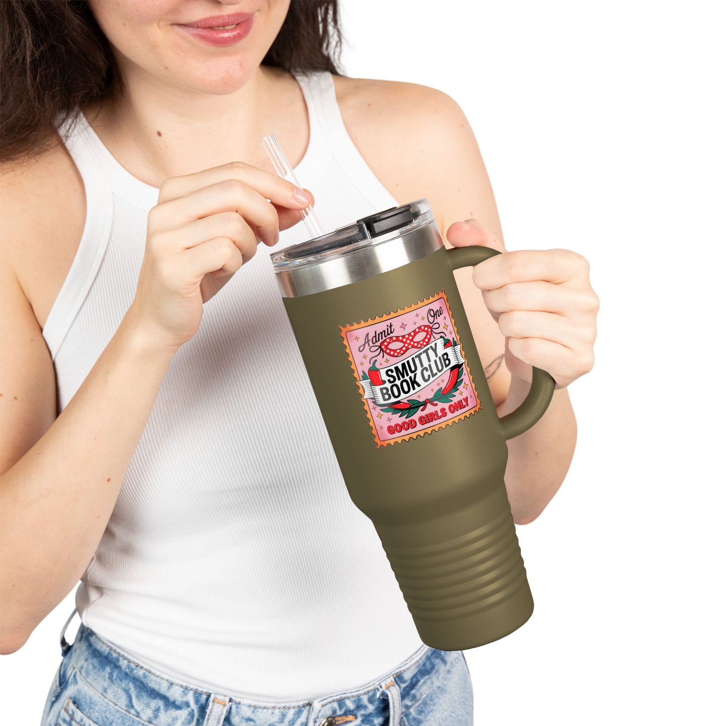 Smutty Book Club 40oz Insulated Travel Mug – Admit One Romance Reader Tumbler with Straw | Funny Spicy Booktok Cup