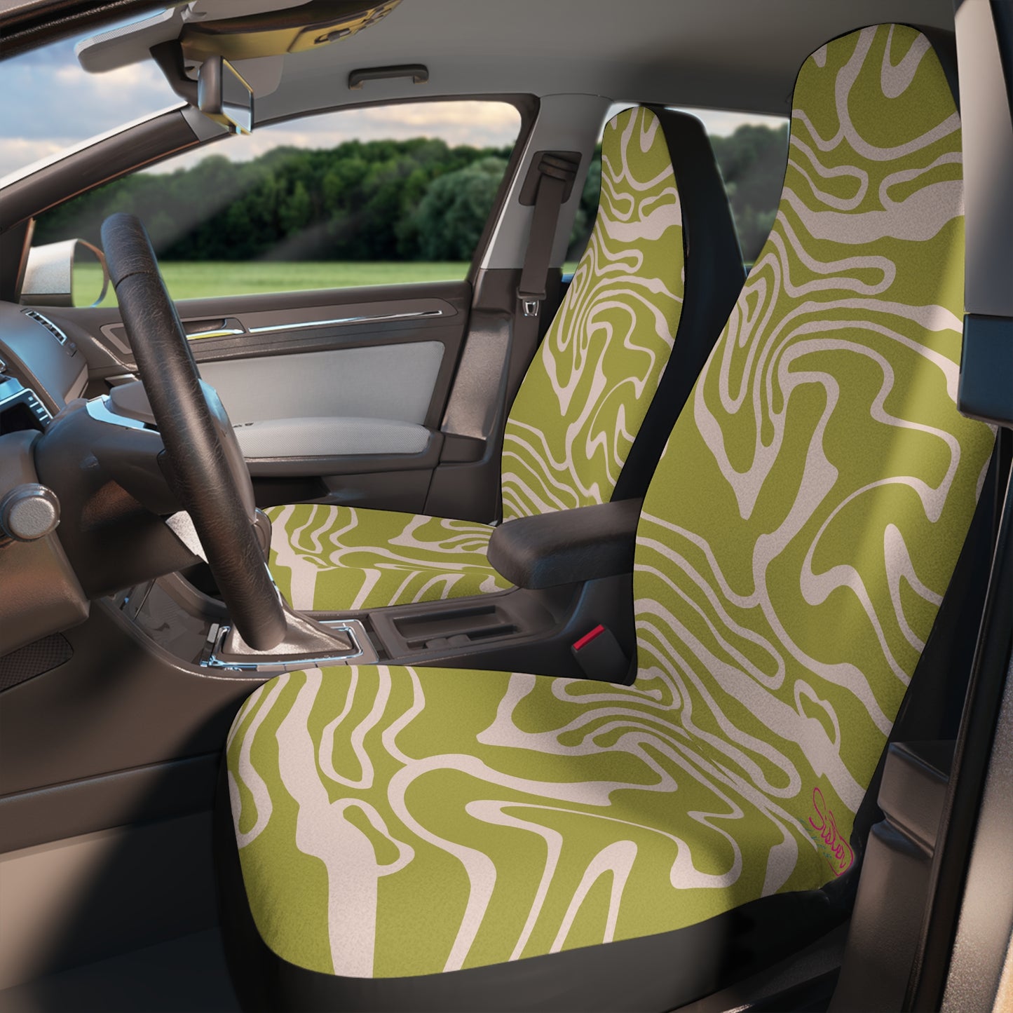 Abstract Green Car Seat Covers | Retro Swirl Boho Auto Decor | Modern Minimalist Seat Covers | Polyamory & ENM Friendly