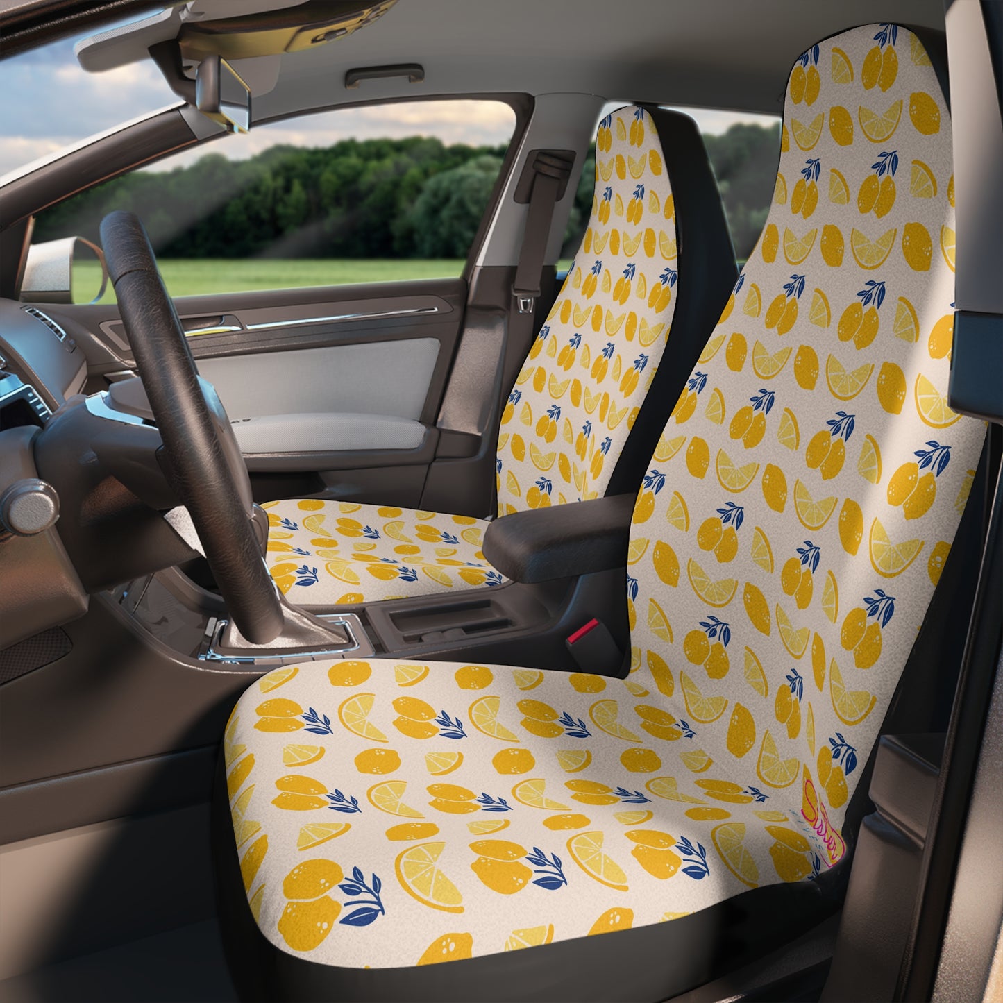 Lemon Car Seat Covers | Blue & Yellow Citrus Auto Decor | Mediterranean Boho Seat Covers | Polyamory & ENM Friendly