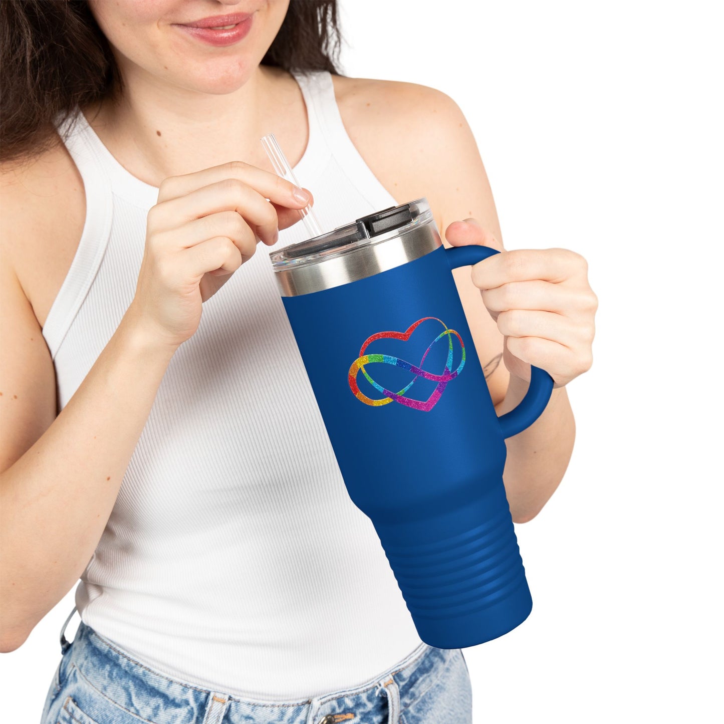 40oz Insulated Travel Mug – Rainbow Heart Infinity Logo, Double-Wall Stainless Tumbler